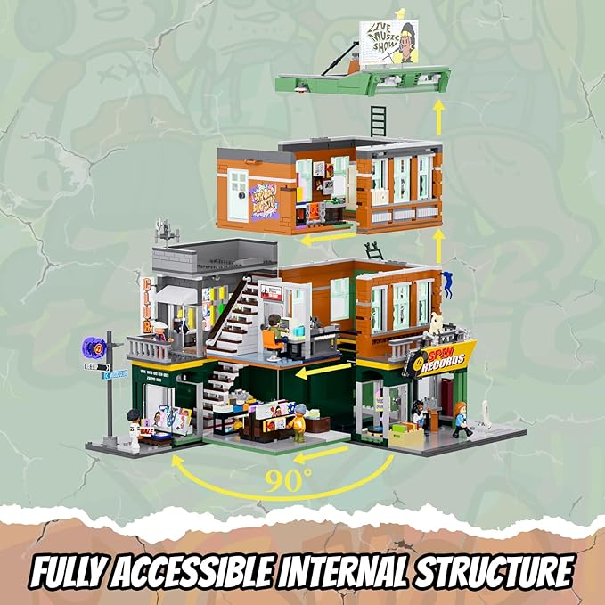 FUNWHOLE Record Store Lighting Building Bricks Set - Street Fusion City Town Audio Shop Multi-Form Modular Collection Kit 1980 Pcs for Adults & Teen & Music Lovers