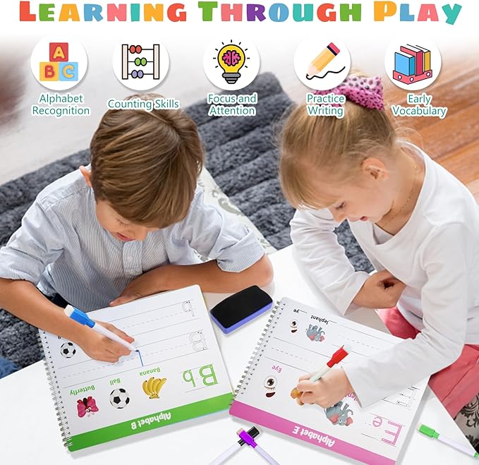 Handwriting Practice Book for Kids, Preschool Learning Activity Busy Book for Toddler 3 4 5 Year Olds, 40 Pages Autism Educational Montessori Toys, Tracking Letters Learn Number Shapes Animal Workbook