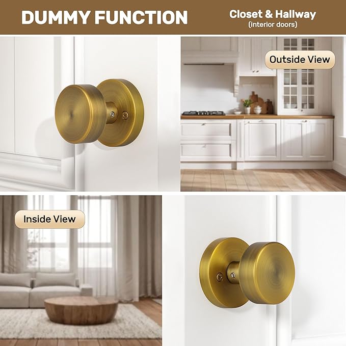4 Pack Antique Brass Dummy Door Knobs Interior, Old Style Round Door Knob Antique Door Handle for Pantry Closet Bifold Door Knob
