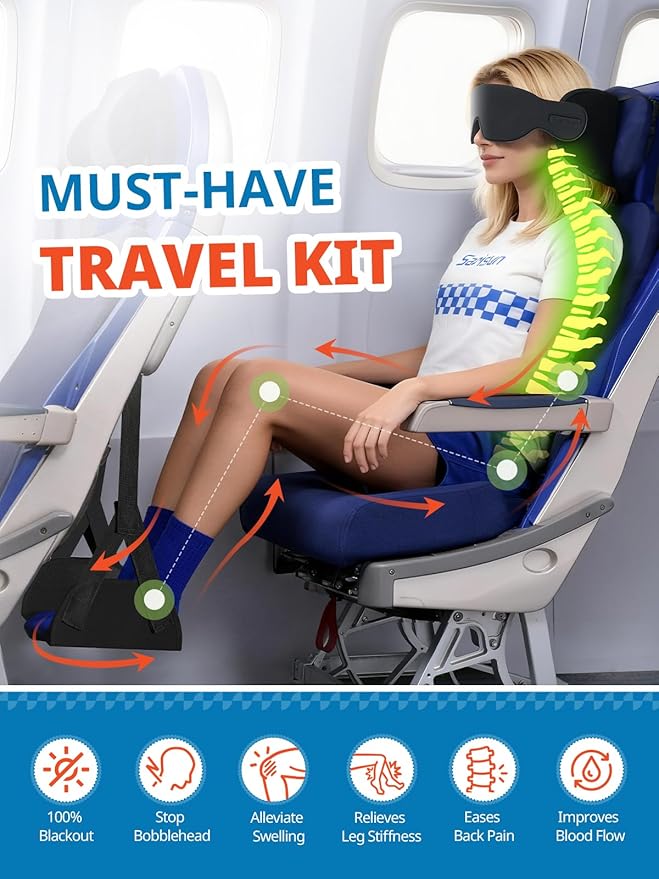 SARISUN 3 in 1 Airplane Travel Essentials Kit, Travel Pillow with Head Support, 3D Eye Mask for Sleeping, No Collapse Foot Hammock for Airplane, Portable Long Flights/Car Road Trip Essentials Sets