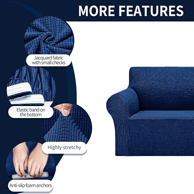 2025 New Stretch Chair Sofa Slipcovers Couch Cover for 1 Seater Furniture Protector Sofa Covers with Elastic Bottom Jacquard Fabric Small Checks for Pets, Kids - Classic Blue