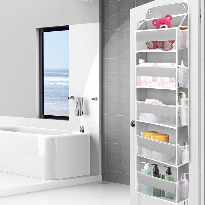 QINGUANG Over The Door Organizer,Hanging Organization and Storage, Behind Door Organizer with Side Pockets, 44 lbs Capacity,Anti Tilt, for Nursery, Bathroom, Bedroom,Dorm (5-Shelf)