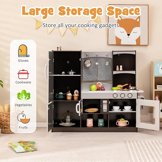 HOMGX Multi-Function Children's Kitchen Toy Set, Wooden Chef Pretend Toy Set w/Microwave, Stove, Sink, Faucet, Storage Cabinet & Shelf,Children's Play Kitchen for Boys & Girls Over 3 Years Old