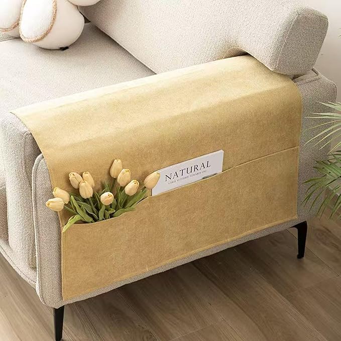 2 Pack Armchair Caddy for Couch Remote Control Holder Recliner Armrest Organizer Non Slip Sofa Arm Chair Caddie with 3 Pocket Storage for Magazine, Tablet, Phone, iPad (Yellow)