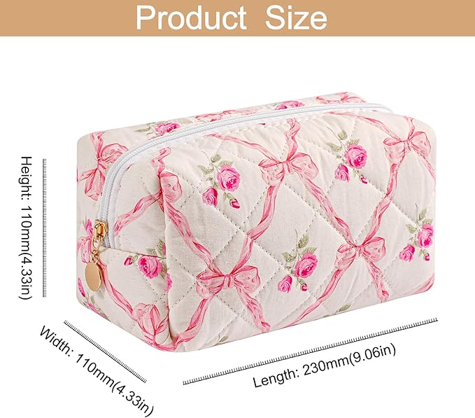 HHQQWZ Makeup Bag Travel Cosmetic Bag for Women Girls, Zipper Make Up Pouch, Floral Flowers Toiletry Organizer Makeup, Portable Storage Bag, Cosmetic Travel Cloth Bag (Pink+Pink Bowknot)