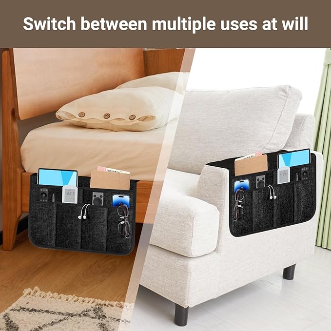 Armchair Caddy & Remote Control Holder for Couch & Recliner | Non-Slip Armrest Organizer with 6 Pockets for TV Remote, Phone, Tablet, Magazine & More, 19 x 35 Inches, Black