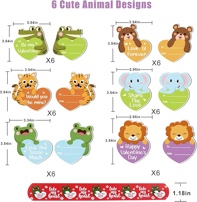 FOIMAS Valentine's Day Slap Bracelet Set,32pcs Animal Heart Snap Bracelet Wristband and 36pcs Gift Cards for Kids School Classroom Gift Exchange Party Favor Supply
