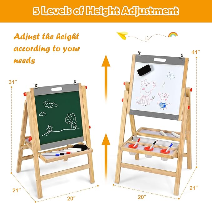 Costzon Art Easel for Kids, 3-in-1 Wooden Folding Toddler Easel Magnetic w/Paper Roll & Storage Tray, Height Adjustable Double Sided Whiteboard Chalkboard Kids Art Easel Boys Girls Painting (Nature)
