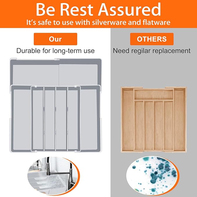 Spaclear Silverware Organizer for drawer - Adjustable Kitchen Drawer Organizer Utensil Drawer Organizer, Expandable Silverware Tray for Drawer Utensil Organizer for Forks, Knives, Grey