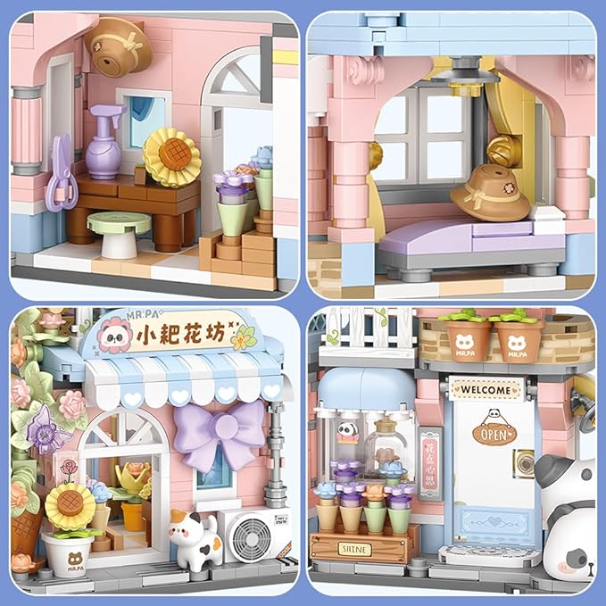 Panda Florist Street Scene Building Kit, Openable Flower Shop Building Set for Boys Girls Age 8+,810pcs Mini Bricks