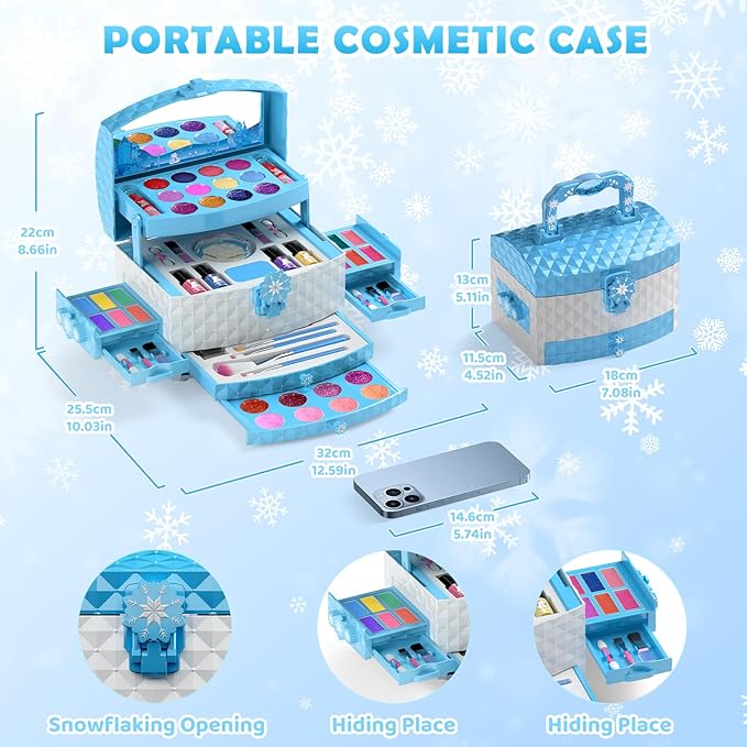 GirlsHome Kids Makeup Set for Girl 56 Pcs Washable Real Cosmetic, Non-Toxic Frozen Toys Toddler Makeup Kit, Frozen Princess Dress up Kit Christmas & Birthday Girl Gift for 3-12 (Frozen Blue)