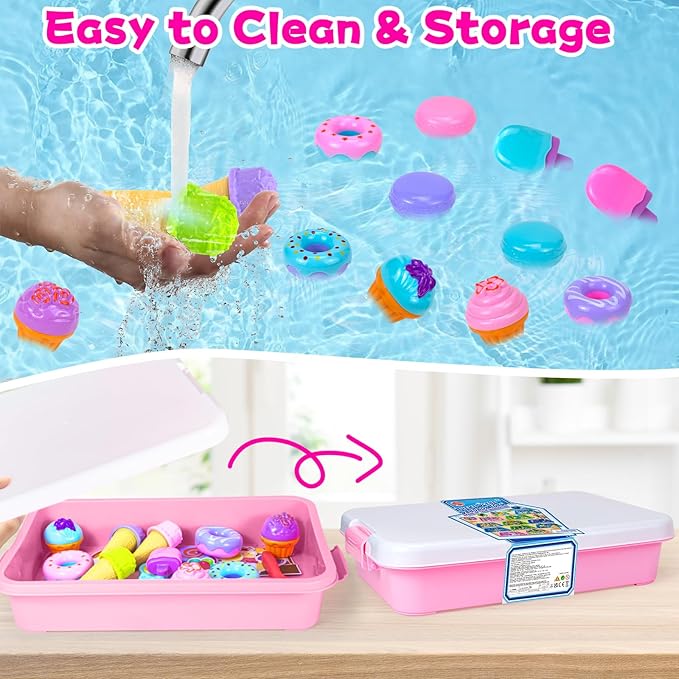 Hymaz Ice Cream Sensory Bin, 32 pcs Pink Sensory Bins for Kids 5-7, Kids Play Sand for Sandbox Toys, Sandbox with lid, Ice Cream & Cakecup, Kid Sensory Sand kit Birthday Gift for Toddler Age 3-8