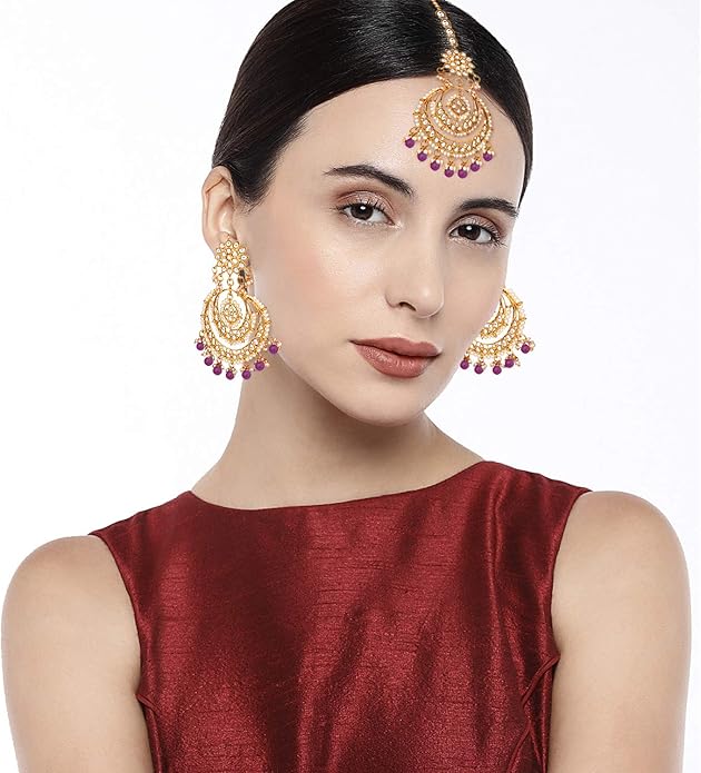 Aheli Bollywood Ethnic Chandbali Style Big Earrings Maang Tikka Set Traditional Fashion Jewelry Gift for Women