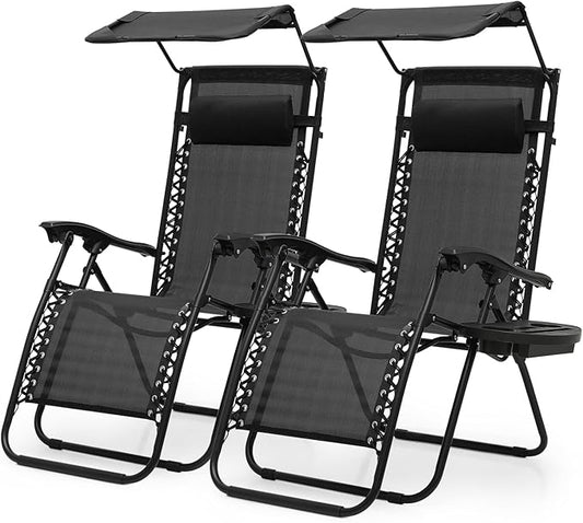 Athena Collection Zero Gravity Outdoor Lounge Chair Set of 2 with Canopy Shade, 25" Width Pool Lounge Lawn Chairs Reclining with Cup Holder, Outdoor Chaise for Beach Patio Outside, Black