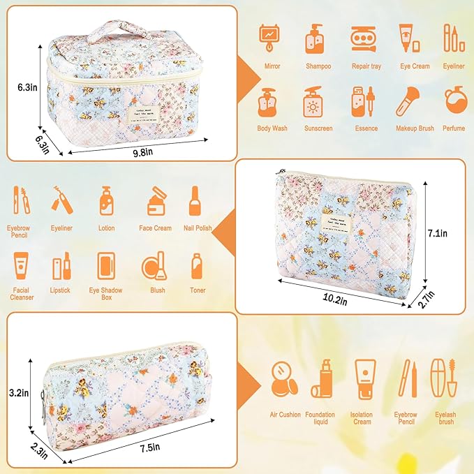 URSKYTOUS 3Pcs Cotton Quilted Makeup Bag for Women Girls Large Small Travel Floral Cosmetic Bags Set Cute Coquette Makeup Pouch for Purse Aesthetic Cloth Bee&Flower Storage Toiletry Bag Organizer