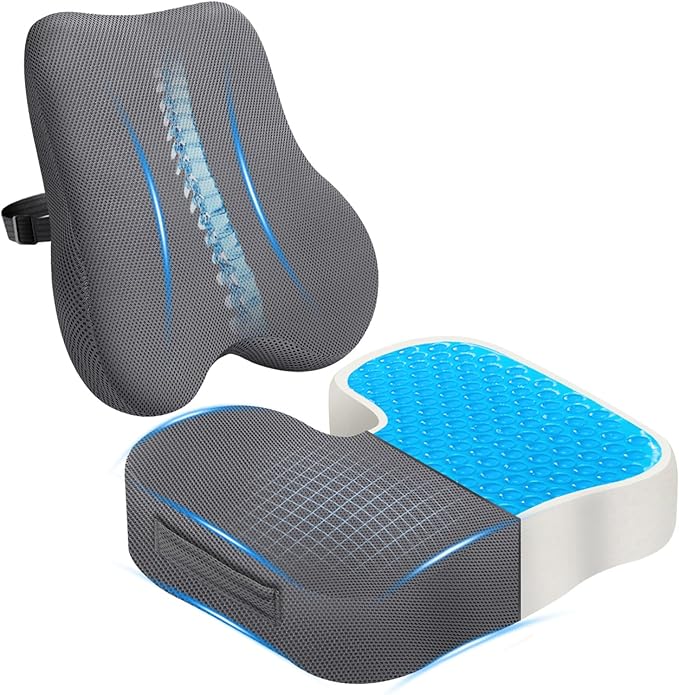 Gel-Infused Desk Chair Cushion & Memory Foam Lumbar Pillow for Sciatica Pain Relief,Breathable Mesh Cover with Non-Slip Base,Adjustable Straps and Portable Handle for Office Seat Cushion,Grey