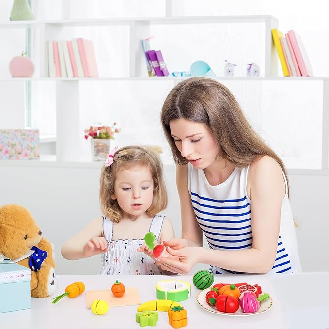 Holicolor 40pcs Wooden Play Food, Play Food Sets for Kids Kitchen Pretend Cutting Play Food for Toddlers 1-3
