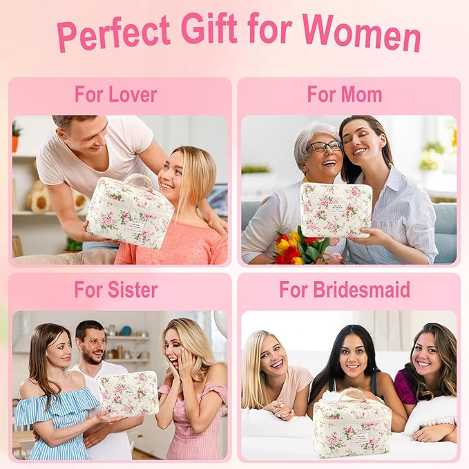 URSKYTOUS 3Pcs Cotton Quilted Makeup Bag for Women Girls Large Small Travel Pink Floral Cosmetic Bags Set Cute Coquette Makeup Pouch for Purse Aesthetic Cloth Flower Storage Toiletry Bag Organizer