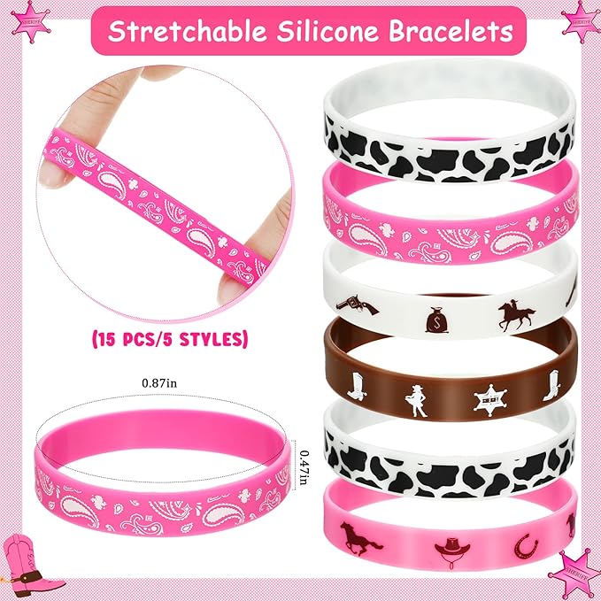 HyDren 48 Pcs Cowgirl Birthday Party Favors Including Cowgirl Silicone Bracelets Stretch Wristbands Acrylic Keychains and Round Stickers for Western Themed Birthday Gathering Party Supplies