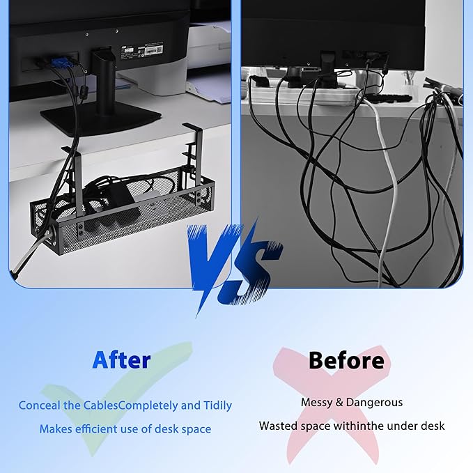 Under Desk Cable Management Tray Small – Clamp-Mounted Wire Organizer & Cord Management Under Desk Rack, No-Drill Metal Cable Organizer for Home Office (Black)