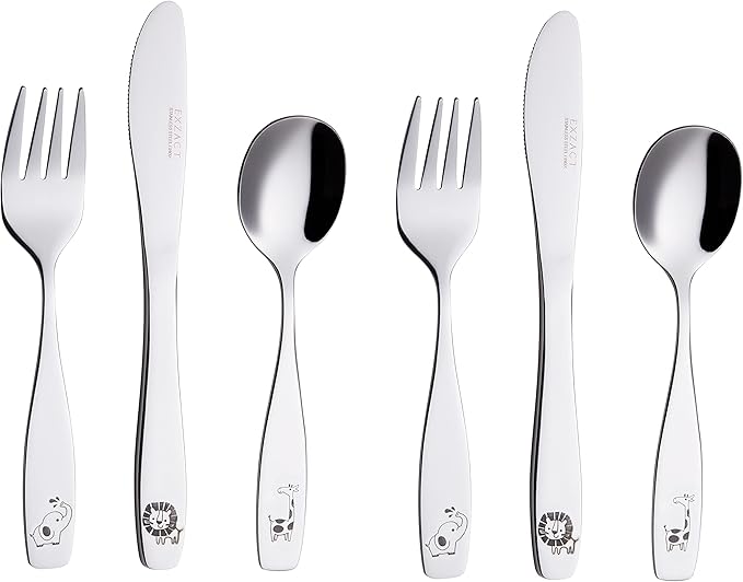 Exzact Kids Flatware 6pcs Toddler Utensils Children Silverware 18/10 Stainless Steel - Dishwasher Safe, 2 Years + (Safari)