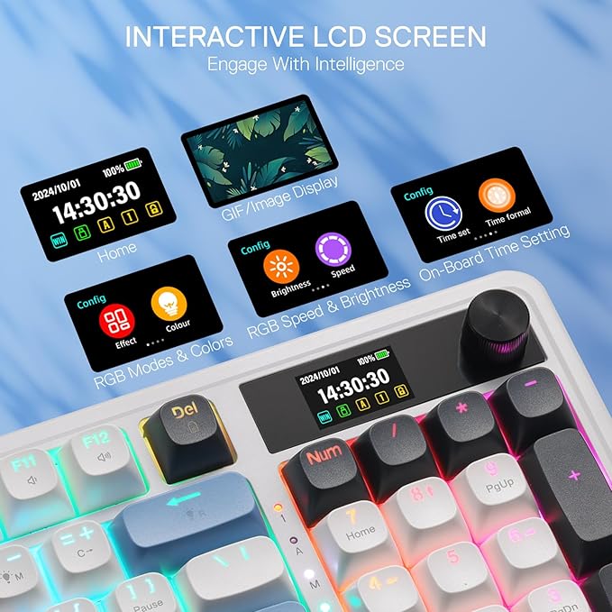 Redragon K719 Wireless Gasket Gaming Keyboard w/Hype Screen & Knob, 95 Keys Mechanical Keyboard, Easy-Control 1.14’’ TFT Info Display, 5-Layer Noise Dampener, Round PBT Keycaps, Mint Mambo Switch