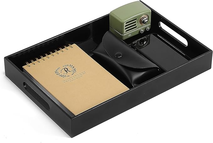 BEYLANG Glossy Black Sturdy Acrylic Serving Tray with Handles-10x15Inch-Serving Coffee,Appetizer,Breakfast,Butler-Kitchen Countertop Tray-Makeup Drawer Organizer-Vanity Table,Ottoman Tray-Decorative