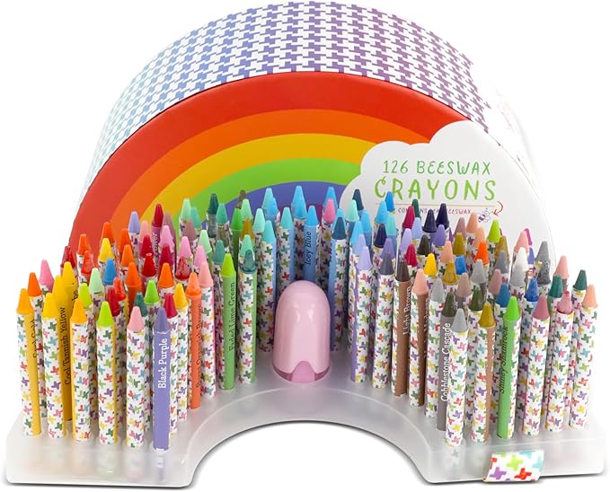 Kid Made Modern Rainbow Beeswax Crayons for Toddlers & Kids Ages 3 4 5 6 7 8+ (126 Pieces) - Coloring Non Toxic Art Supplies with Box & Sharpener