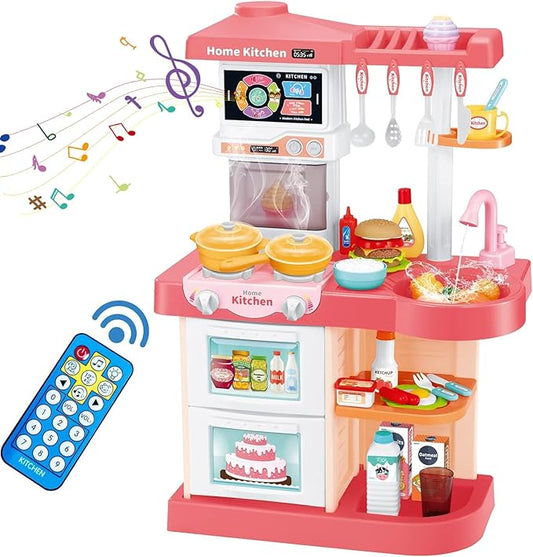 Kids Play Kitchen Toy Playset,Pink Kitchen Toy Set with Play Sink & Pretend Steam, Toddler Kitchen Accessories Set with Sounds & Light, Birthday for Boy Girl 3 4 5 7 8 Year Old