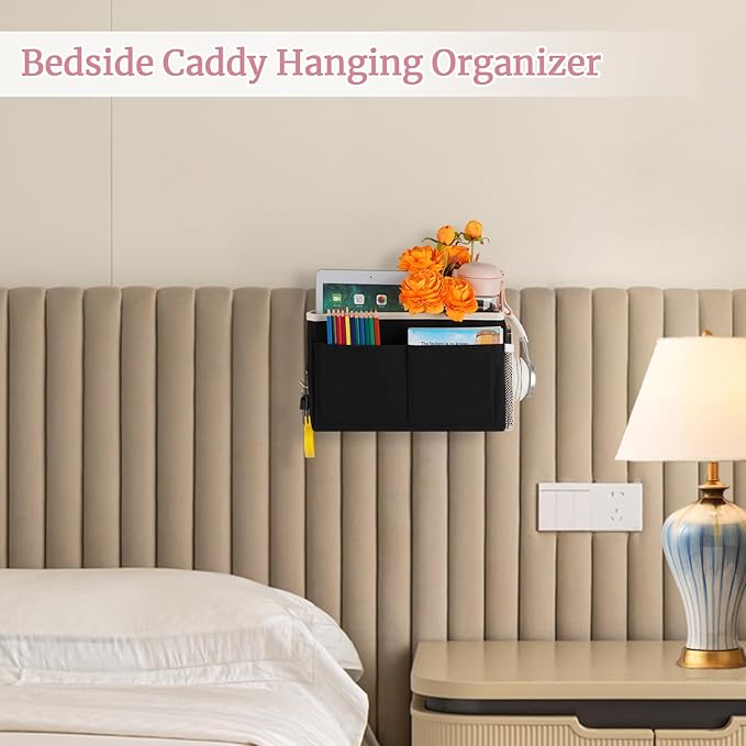 Bedside Caddy Bedside Hanging Storage Basket Bed Caddy for Headboards Bunk Dorm Rooms Crib Beds Rails Organizer (Black)
