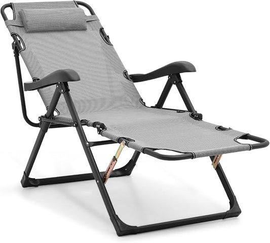 Athena Collection Zero Gravity Outdoor Lounge Chair Recliner, 27" Width Reclining Pool Lounge Lawn Chairs with Headrest and Curved Armrest, Outdoor Chaise for Beach Patio Backyard Outside, Grey