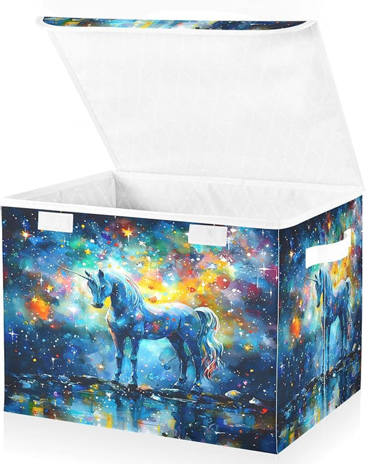 senya Large Storage Bins with Linen Collapsible Foldable Storage Cubes Fabric Closet Organizer Containers box with Flip-Top Lid for Home Bedroom Office 16.7 x 12.6 x 11.8in (Unicorn Stars Pattern)