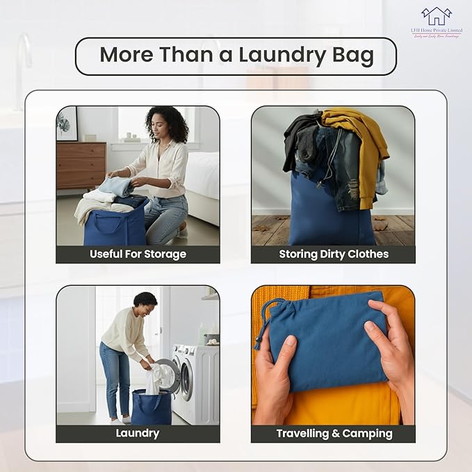 LFH Home Cotton Canvas Large Laundry Bag with Handle, Heavy Duty Drawstring Closure Washable Laundry Bags, School Travel, Home, Hotel, College Dorm, Organizer Sack, Toys Clothes 28x40-Sky Blue