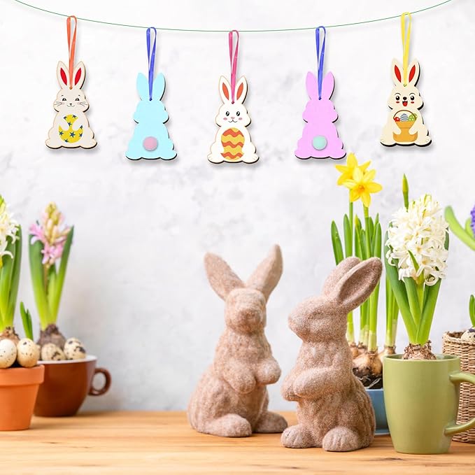 24 Pack Wooden Easter Bunny Craft for Kids Make You Own Easter Rabbit Hanging Ornaments DIY Easter Art and Craft for Girls Boys Art Project Easter Gifts Easter Decoration