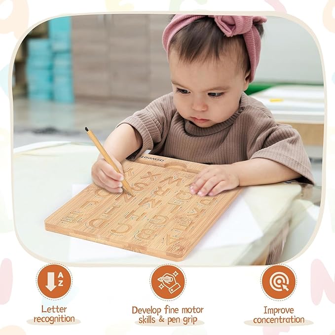 Asweets Montessori Wooden Alphabet Tracing Board, Wood Letter Practicing Board,Double-Sided Boards for Toddlers and Preschool Gifts for Kids(1 Piece)