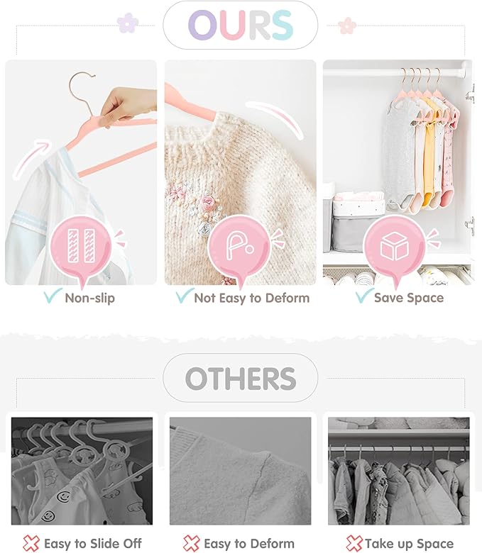 Baby Hangers, VIS'V 11 Inch Pink Velvet Kids Hangers with 6 Pcs Size Dividers Non Slip Nursery Children Closet Clothes Hangers for Infant Toddler Girls and Boys 50 Pcs