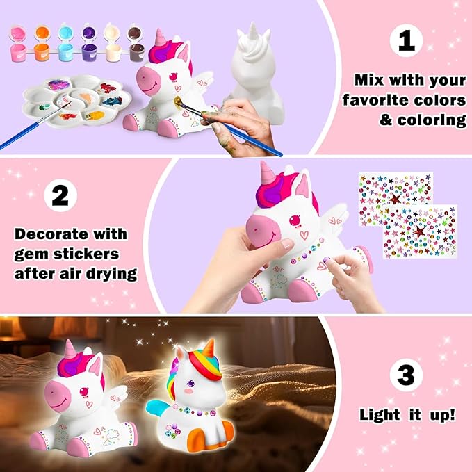 FUNZBO 2Pcs Paint Your Own Unicorn Lamp Kit - Arts and Crafts Supplies Painting Kits for Kids Teens Adults, DIY Night Light Toys for Girls Boys Ages 3 4 5 6 7 8 9 10 11 12 Easter Birthday Gift