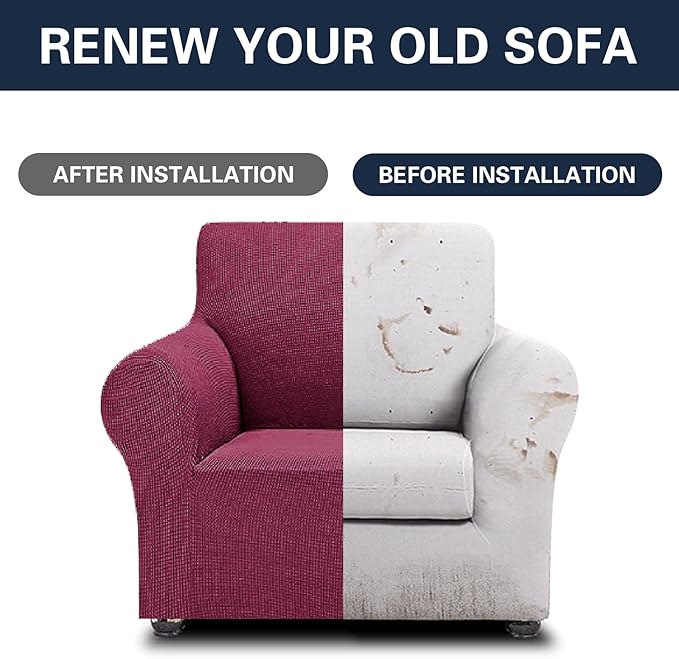 2025 New Stretch Chair Sofa Slipcovers Couch Cover for 1 Seater Furniture Protector Sofa Covers with Elastic Bottom Jacquard Fabric Small Checks for Pets, Kids - Wine