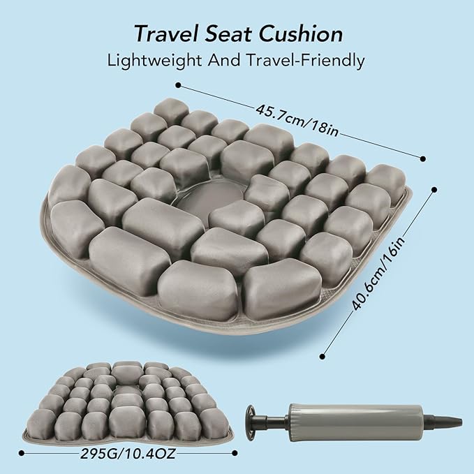 Travel Seat Cushion, 3D Air Inflatable Pressure Relief Cushion for Hemorrhoid and Tailbone Pain Relief, Optimal Support for Long Sitting in Car, Air Travel, Office Chairs, Home Living