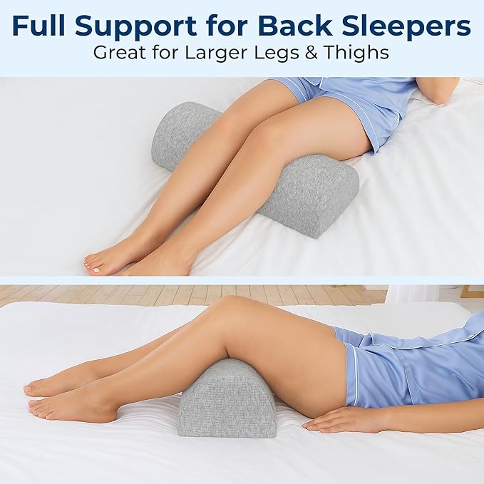 5 STARS UNITED Knee Pillow for Back Sleeping – Memory Foam Cushion for Sciatica Pain Relief – Under Leg Support for Sleeping on Back – Large Half Moon Bolster for Bed, Natural Gray with Cotton Cover