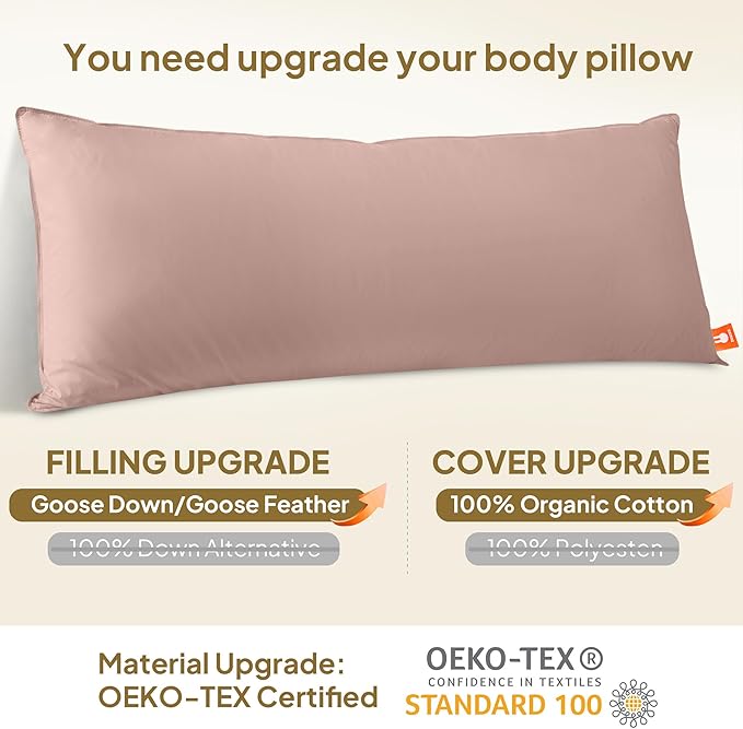 Goose Down Body Pillows for Adults, Large Body Pillow for Side Sleeper, Hugging Feather Body Pillow Insert, Cooling Full Length Long Pillow for Bed with 100% Organic Cotton Shell, (Pink 20"x54")