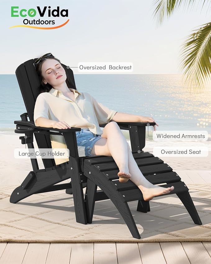 Upgraded Folding Adirondack Chair with All-Weather Cup Holder-EcoVida, Premium Wood Grain Texture, HDPE Waterproof, Suitable for Fire Pit, Patio, Porch, Black