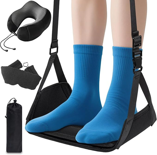 Airplane Foot Hammock for Plane Travel, Heavy-Duty Adjustable Foot Rest with Reinforced Metal Buckles, Ergonomic Bamboo Foot Hammock with Eye Mask & Neck Pillow, Portable Airplane Travel Essentials