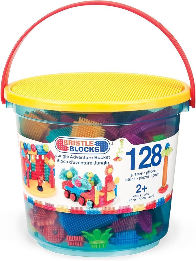 Battat- Bristle Blocks- STEM Interlocking Building Blocks- 128 pc Playset- Reusable Storage Bucket- Developmental Toys for Toddlers & Kids- Jungle Adventure Bucket- 2 Years +