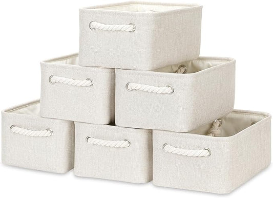 Bidtakay Small Storage Baskets for Shelves Set of 6 Biege Fabric Storage Bins for Organizing Linen Collapsible Organizer for Closet Nursery Clothes Toys 11.8 X 7.8 X 5 Inches