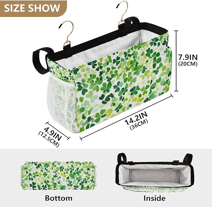 Bright Green Clover St. Patrick Bedside Caddy for Dorm Bed Bedside Hanging Caddy Bag Iron Frame Storage Organizer Pocket for Bunk Home College Hospital Beds 2 Hooks