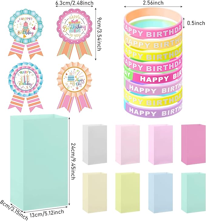 Leinuosen 248 Pcs School Supplies for Kids Classroom Include 200 Happy Birthday Badge Stickers Roll 24 Birthday Bracelets and 24 Rainbow Paper Gift Bag for Teacher Student Birthday Decor (Fresh Color)