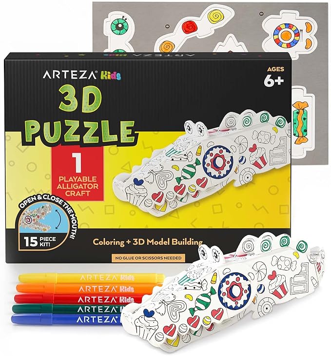 Arteza Kids 3D Coloring Puzzle Set, 1 Alligator to Craft, Model Kit with 10 Foam Pieces, 5 Nontoxic Markers, & Easy-to-Follow Instructions, Art Supplies for Kids’ Activities