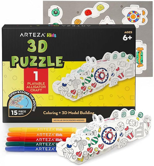 Arteza Kids 3D Coloring Puzzle Set, 1 Alligator to Craft, Model Kit with 10 Foam Pieces, 5 Nontoxic Markers, & Easy-to-Follow Instructions, Art Supplies for Kids’ Activities