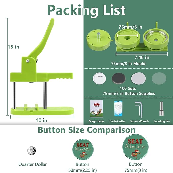 Button Maker Machine, 75mm(3 inch) DIY Pin Button Maker Press Machine Kit, Badge Button Press Machine Pin Maker Machine with Free 100pcs Button Parts&Pictures&Circle Cutter&Magic Book